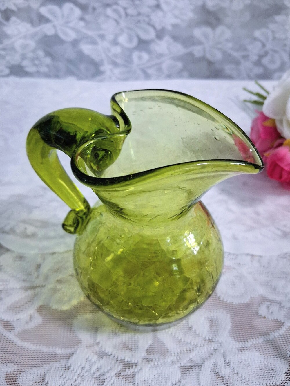 Vintage Jamestown Heart Mouth Crackle Glass Pitcher Avocado Green 5"